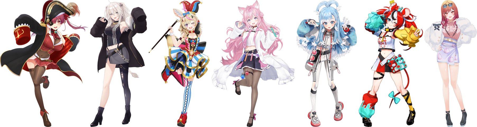 出演7名の公式立ち絵。左から宝鐘マリン・獅白ぼたん・尾丸ポルカ・博衣こより・コボ・カナエル・ハコス・ベールズ・一条莉々華