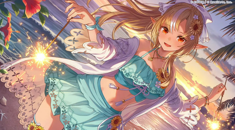 水着不知火フレア「sparks sunset」のカードイラスト。夕暮れのビーチで線香花火を楽しんでいる
