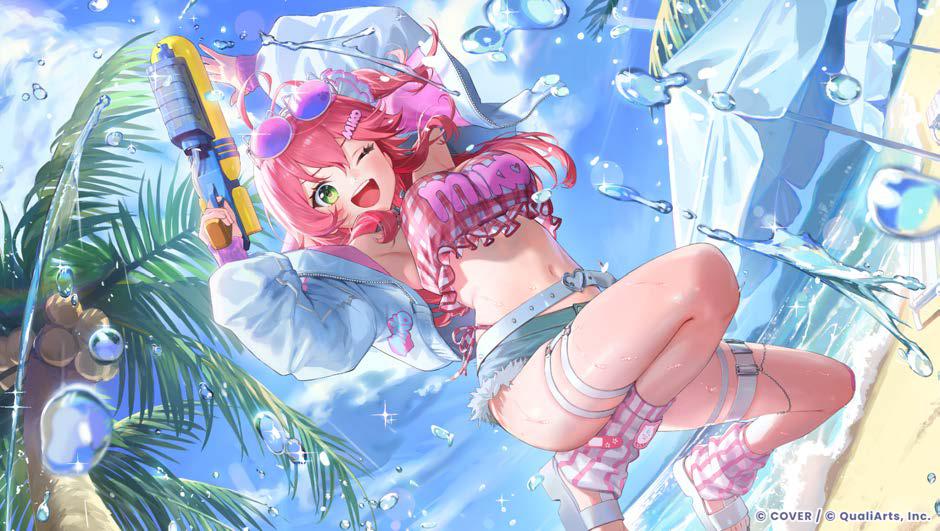 水着さくらみこ「ビーチで弾ける、光彩ショット！」のカードイラスト。水鉄砲を持って笑顔でジャンプしている