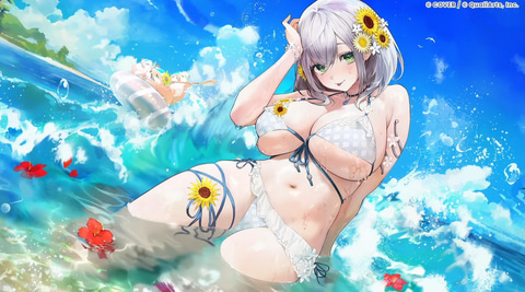 水着白銀ノエル「波まとうゆるふわKnight」のカードイラスト。白い水着で波打ち際に座っている