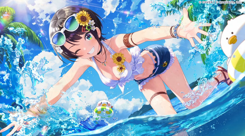 水着大空スバル「Energeticスプラッシュ！」のカードイラスト。ひまわりのサングラスを頭にのせて水しぶきの中を駆ける