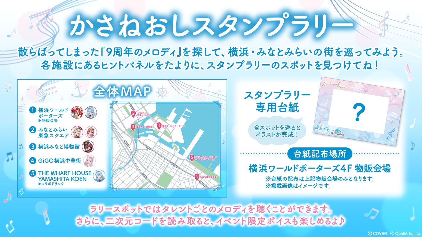 かさねおしスタンプラリーの説明画像。全体マップと専用台紙