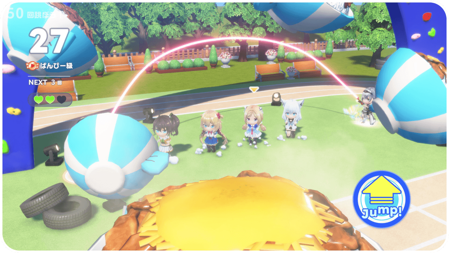 テーマパーク内のミニゲーム「大縄跳び」のプレイ画面。ちびキャラのメンバー4人がジャンプに挑戦している