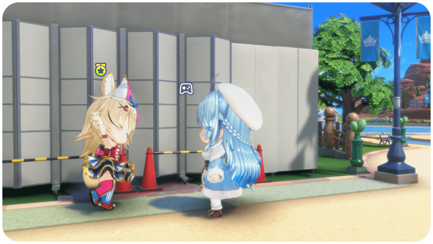 テーマパーク内でちびキャラのメンバー2人が会話しているクエスト画面