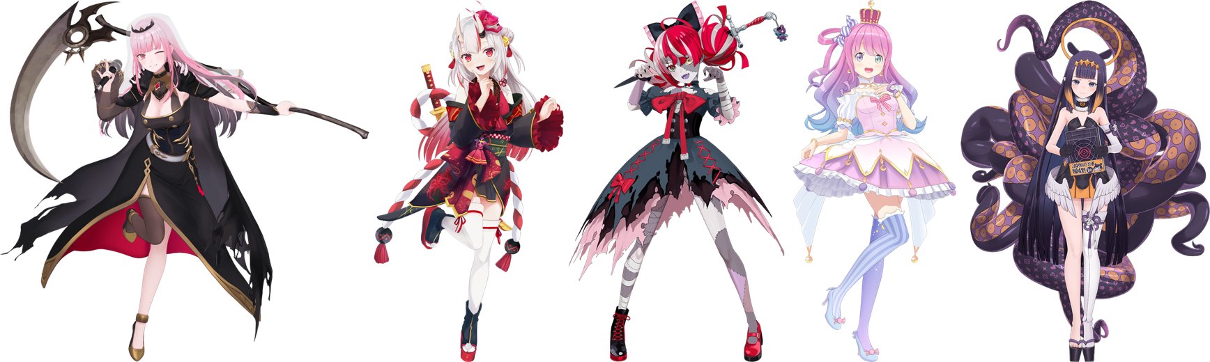 モリ・カリオペ・百鬼あやめ・クレイジー・オリー・姫森ルーナ・一伊那尓栖の公式立ち絵