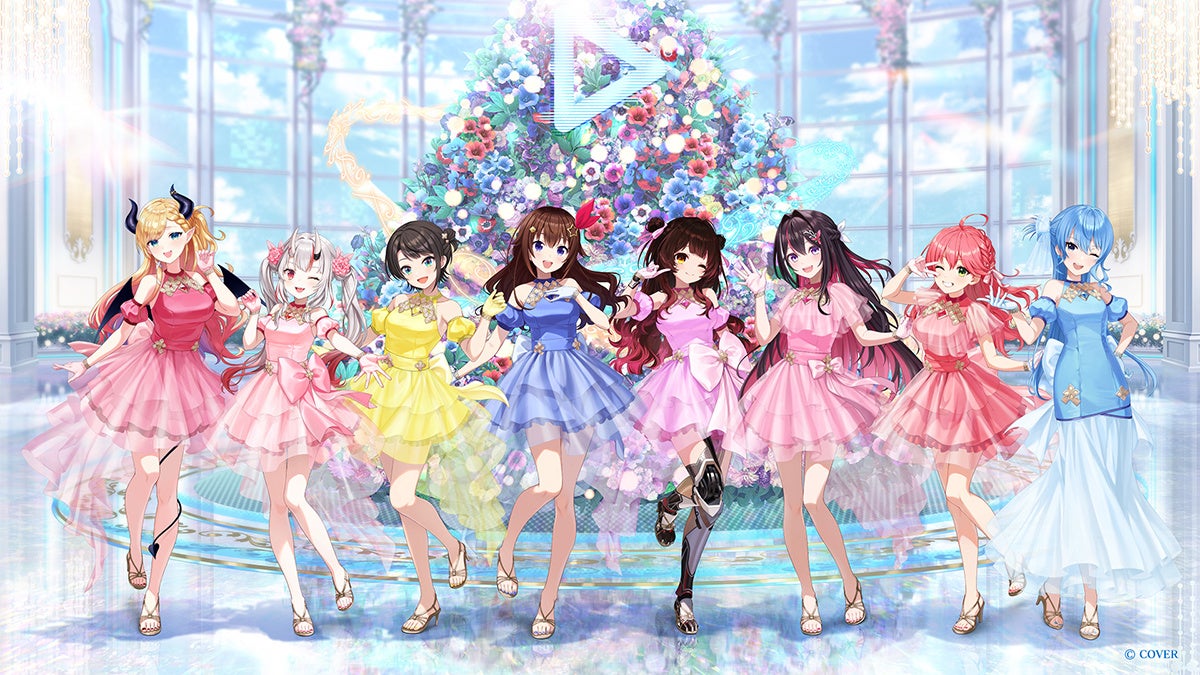 hololive Grand Receptionのキービジュアル。ドレスアップ衣装のホロライブメンバー8名がフラワーツリーの前に並ぶ