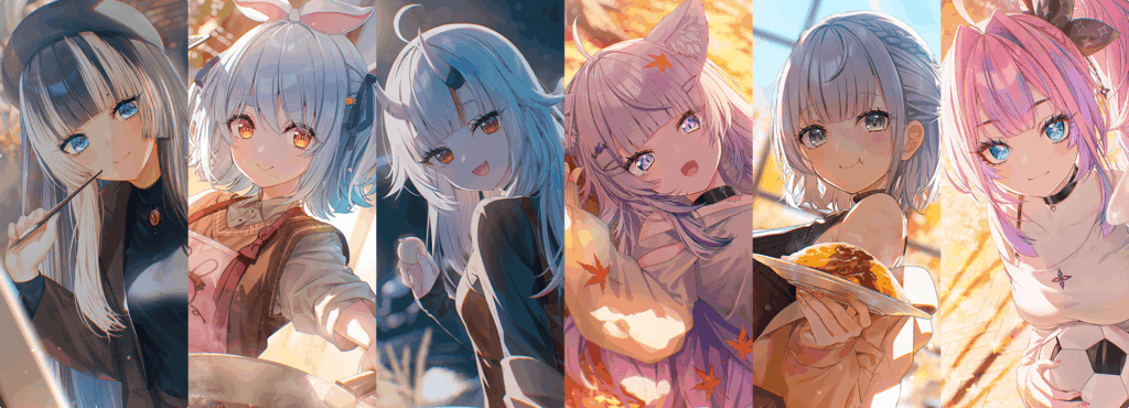 ローソン×ホロライブキャンペーンのキービジュアル。百鬼あやめ・猫又おかゆ・兎田ぺこら・白銀ノエル・儒烏風亭らでん・綺々羅々ヴィヴィの秋の描き下ろしイラスト
