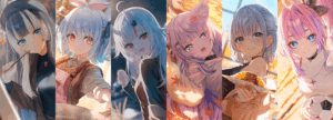 ローソン×ホロライブキャンペーンのキービジュアル。百鬼あやめ・猫又おかゆ・兎田ぺこら・白銀ノエル・儒烏風亭らでん・綺々羅々ヴィヴィの秋の描き下ろしイラスト